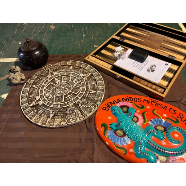beautiful wood inlay backgammon set with Aztec calendar and Spanish wall hanger, along with a lovely
