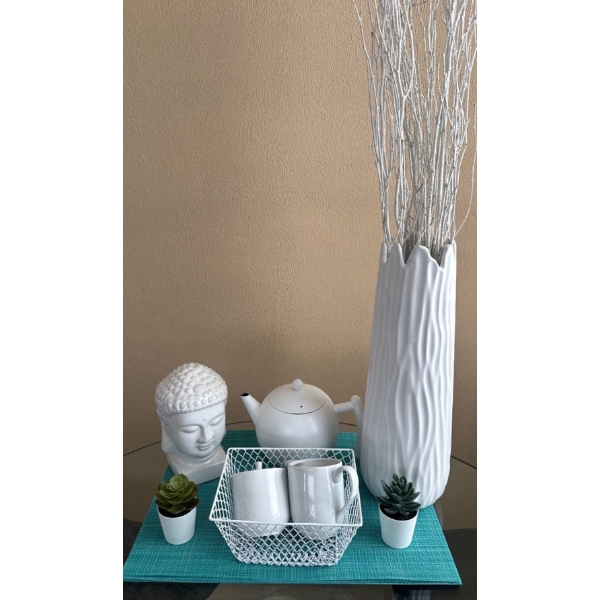 Contemporary White Home Decor Items  Buddah Head, Tea pot, Mini Faux Plants & Large Vase