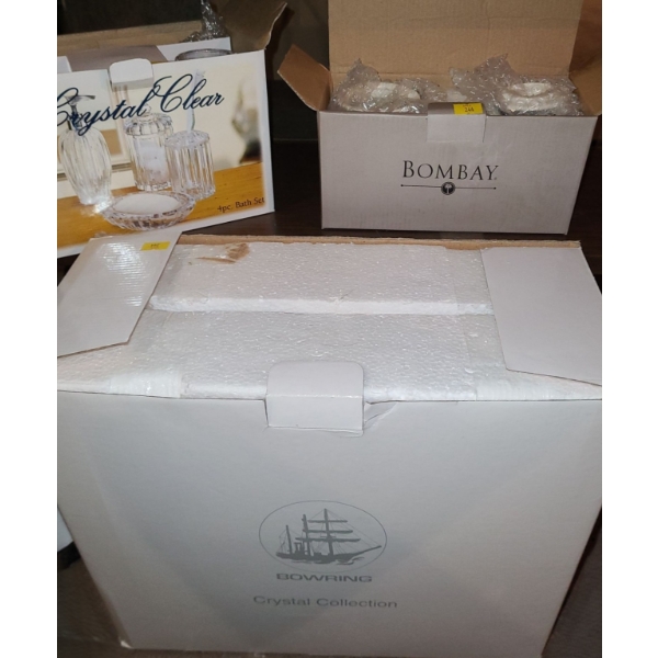 Vanity Set by Crystal Clear, Bombay Company Small Decor Jars, Bowring Candlesticks 10.5 T