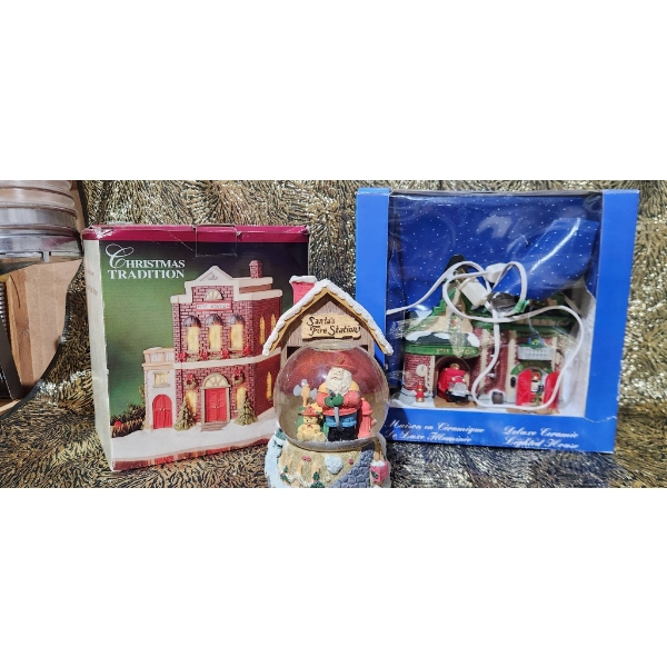 Christmas Village Decorations With Illuminated Fire Stations Themed Ornaments and Slow Globe