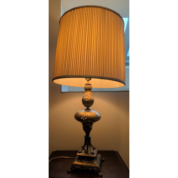 Ornate Table Lamp with Pleated Shade and Decorative Base
