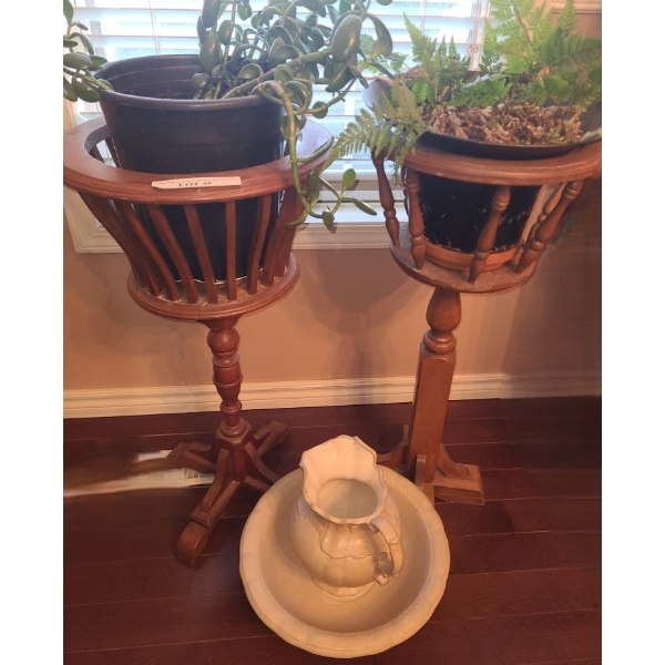 Pair of Wooden Planters w Fern & Jade plant.   Wash Basin & Pitcher