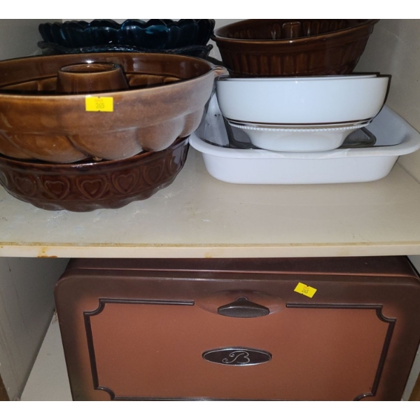 Contents of Cupboard: Pans, Large Blue Glass Bowl, Vintage Breadbox 16 W, 11 D, 10 T and More!