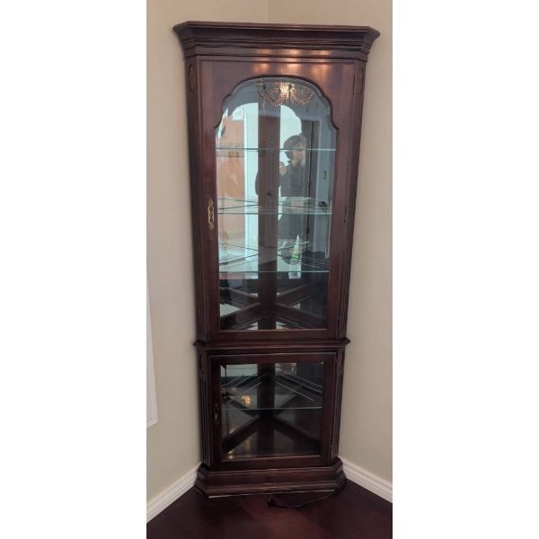 Cherry Oak Corner Curio Cabinet with Glass Shelves and Lighting