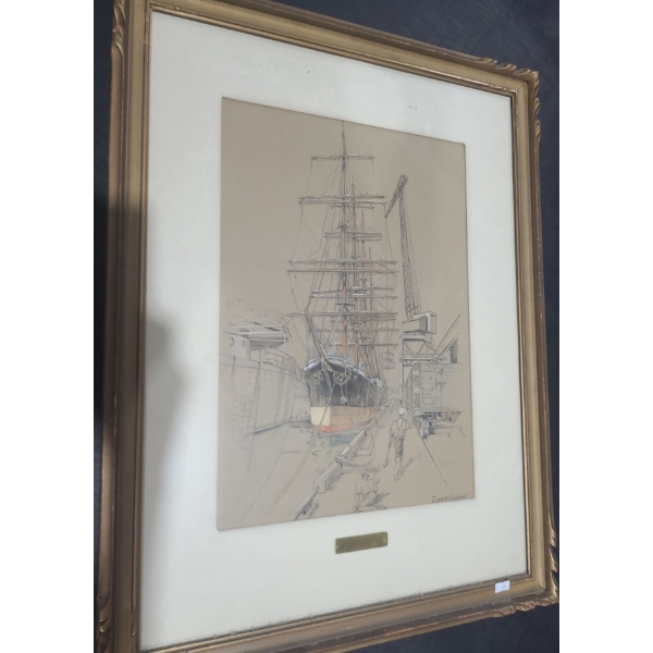 Framed Boat Drawing of Windship "Pamir" by Edward Goodall 21 X 28