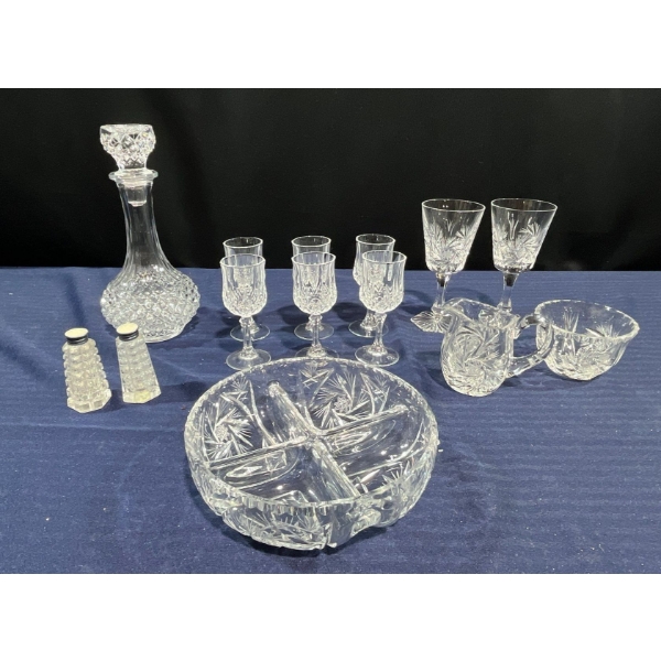 Crystal Decanter, Salt & Pepper, Stemware, Cream and Sugar, and Serving Dish
