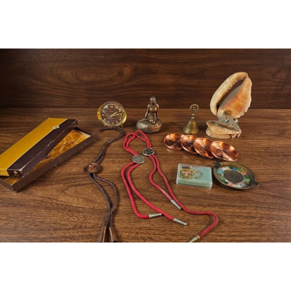 Decorative Items Including Miniature Clock, Figurine, and Shell Lamp