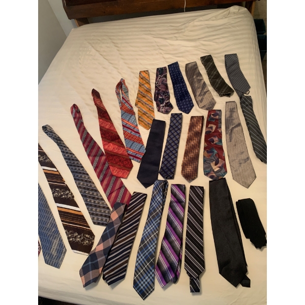 27 Assorted Mens Vintage Neckties Featuring Various Patterns and Brands