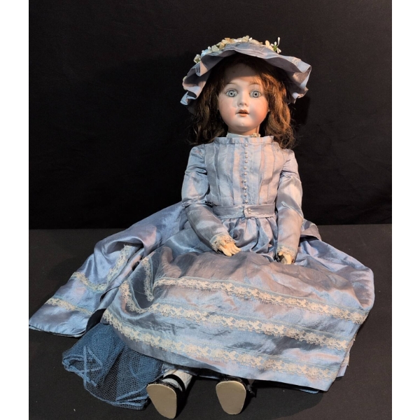 1916 German Porcelain Doll in Blue Satin Dress with Hat