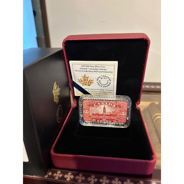 2018 $20 Canada's Historical Stamps: Parliament Building 1927 Confederation - Pure Silver Coin