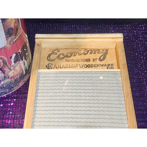 Classic Economy Washboard with 2 Farm Scene Metal Tins - Great For Clever Storage Ideas