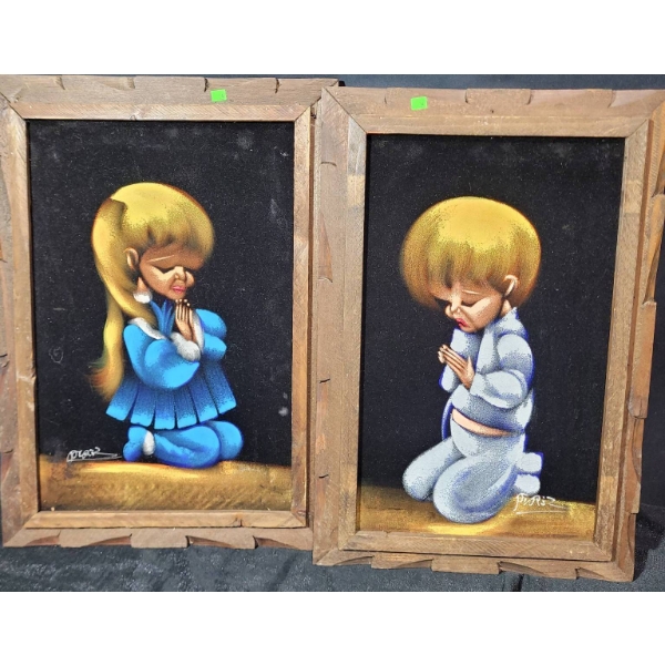 Black Velvet Paintings of Children Praying, 21x14 Inches
