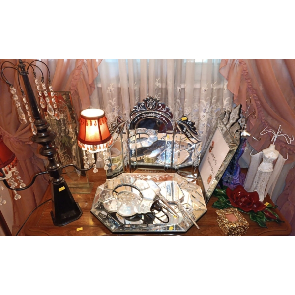Various Glass Items Including Vanity, Mirrors, Plus Hair Brush, Frame, Jewellery Stands 