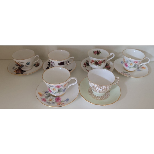 6 Mismatched Antique Teacups & Saucers - Royal Standard Royal Vale & More