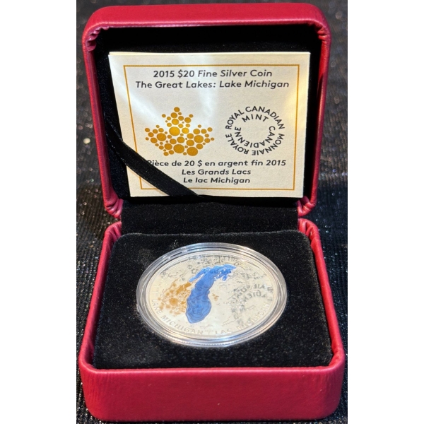 2015 $20 The Great Lakes: Lake Michigan Fine Silver Coin 31.39 Grams