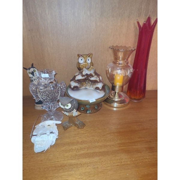 Owl Candleholder  7.5 T, Fountain 8" Diameter, 9 T, Hurricane 5" Base, 10 T, Red Vase 14 T 