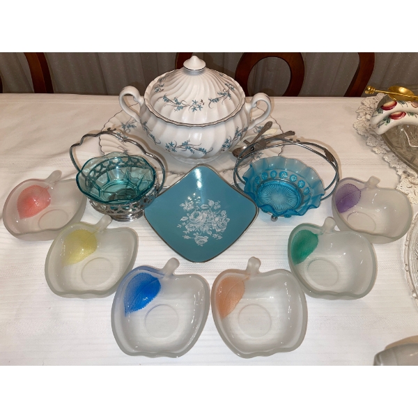 Multi Colored Apple Bowls w/ Decorative Blue Servingware Snow White Reganog & More