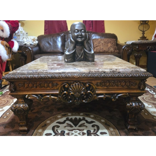 Art Nouveau Inspired Wood w/ Marble Top Table & Buddah - 42W, 42D, 21T 
