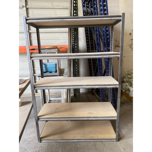 Metal Shelving Unit With Five Wooden Shelves