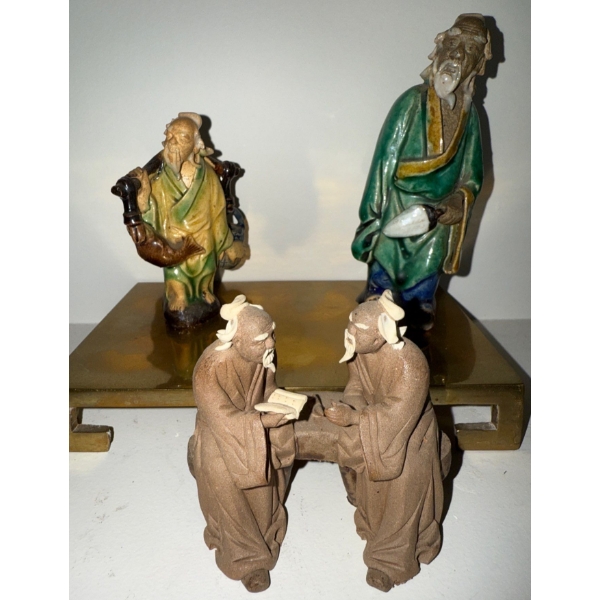 Chinese Mudmen Figurines 5T & Solid Brass Pedestal 