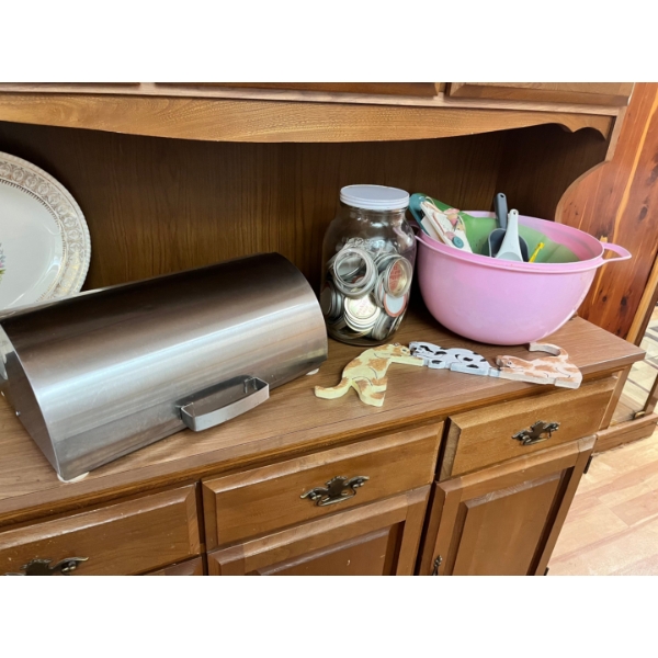 Stainless steal bread box,  full of New canning lids, pink Tupperware bowl, strainers, more goodies 