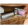 Image 1 : Stainless steal bread box,  full of New canning lids, pink Tupperware bowl, strainers, more goodies 
