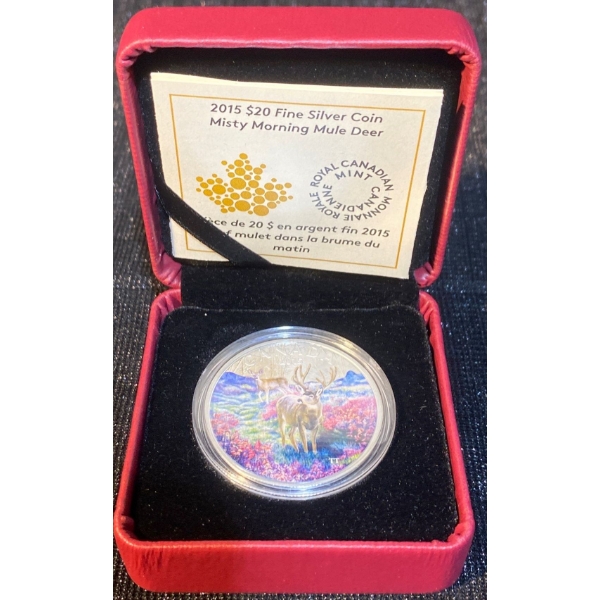 2015 $20 Misty Morning Mule Deer Fine Silver Coin 31.39 Grams