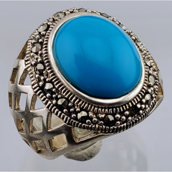 Turquoise & Marcasite Fashion Ring (9.5 g, 13×11 mm, Size 7)