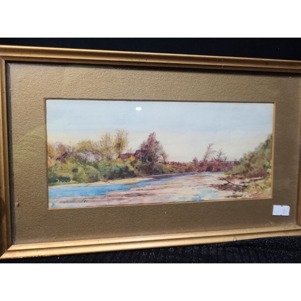 Watercolor of River13.5 X 8.5, (Size Including Frame), Framed Under Glass, Signature Illegible 