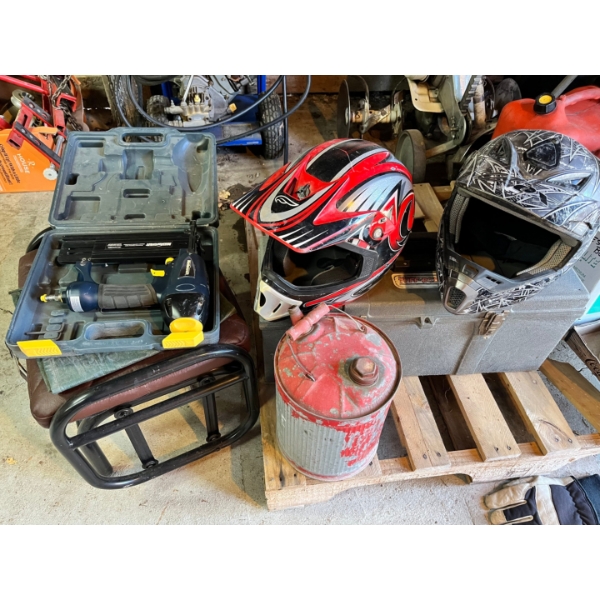 Mastercraft Pneumatic Brad Nailer/Finish Nailer, 2 helmets, a Tuff box and vintage gas tin 