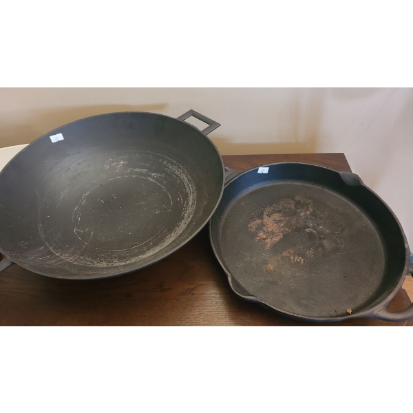 Cast Iron Wok 14.5" Diameter Top and Cast Iron Frying Pan 12" Diameter 