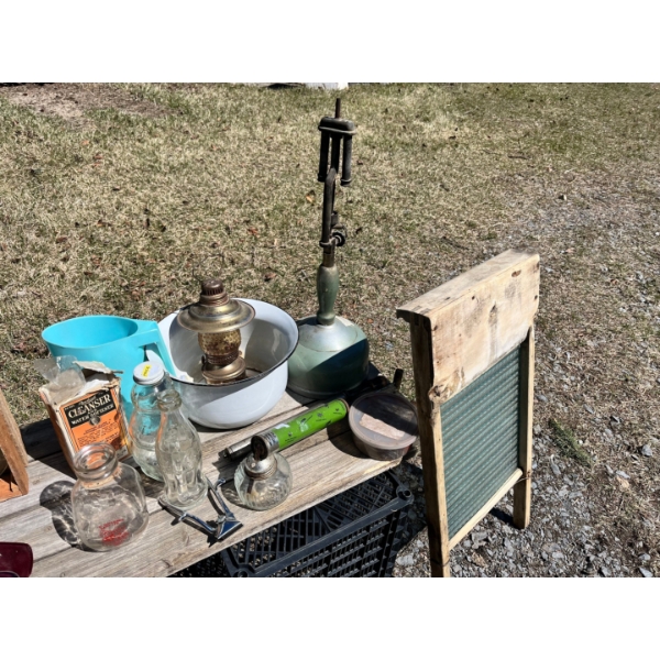 Vintage washboard oil lamps enamel bucket  bug sprays vintage razors Coca-Cola & additional treasure