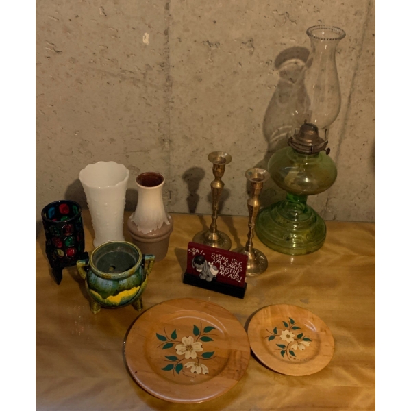 Vintage Home Decor - Oil Lamp, Brass Candle Holders, Decorative Glass, Hand Painted Wood Plates Marg