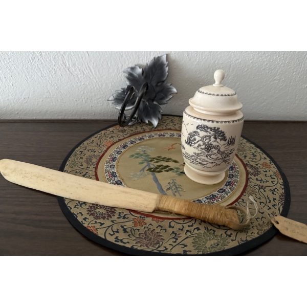 Hand Carved Bone Letter Opener 10T w/ Decorative Urn & Leaf Ornament 