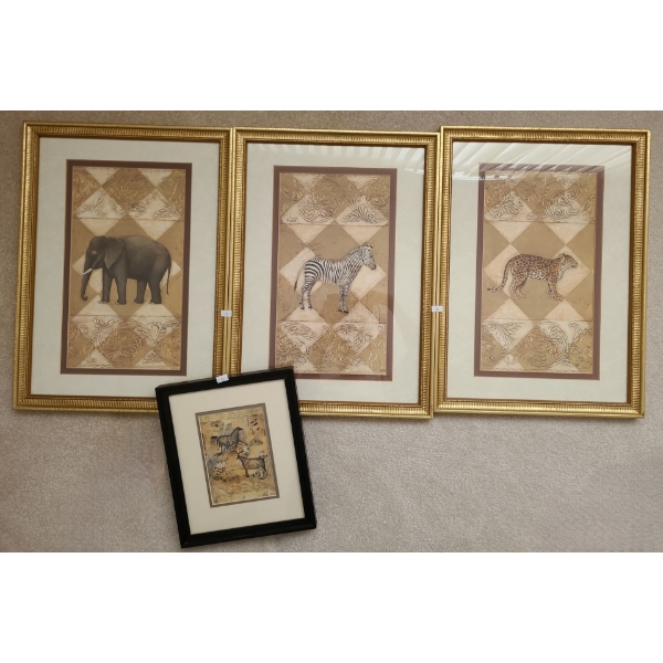 Prints: Three "Harlequin Safari" by S. Hely, 15.5 X 22 and  "Stone Memories" 10 X 12 Unsigned