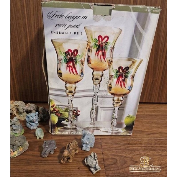 3 Hand-Painted Glass Candleholders & Collection of Miniature Animal Figurines