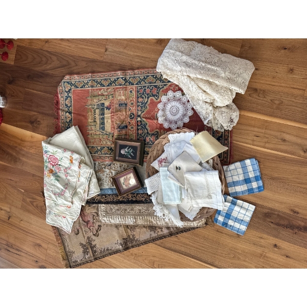 Assorted Antique Linens Tapestries w/ Petite Point Floral Embroidered Art
