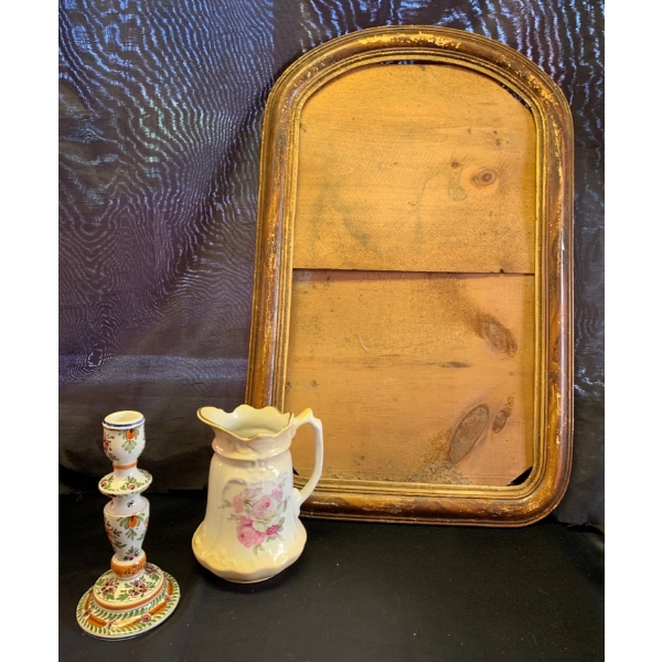 Antique Wood Picture Frame 24T w/ Decorative Hand Painted Jug & Candlestick