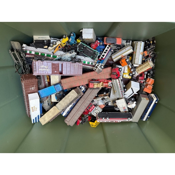 Bin w/ Assortment of Toy Train & Car Pieces 