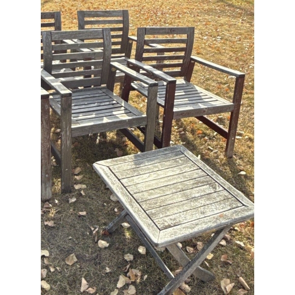 Four Wooden Fire Pit Chairs w/ Small Wood Table