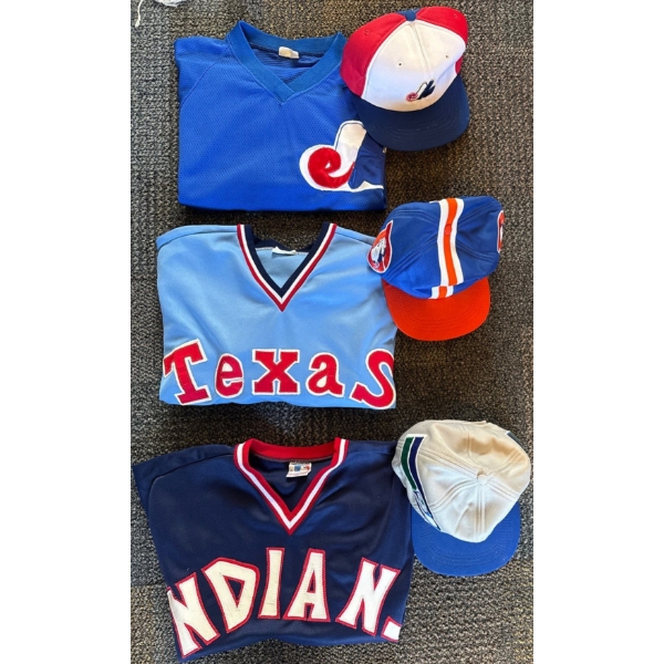 3 Vintage Baseball Jerseys w/ Collectable Caps - Men's M-L Texas Rangers Indians & More 