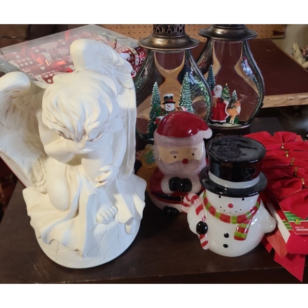 Plaster Angel Statue 12 T, 7 Diameter Base also Includes Globes 14 T and Other Christmas Decor