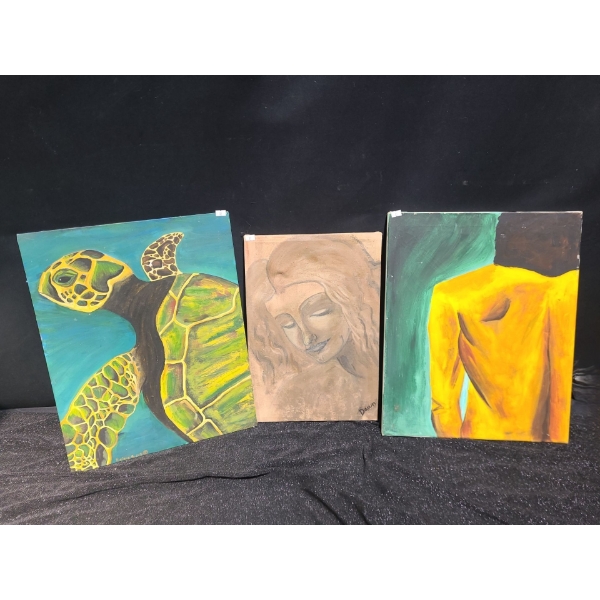 Trio of Paintings on Canvas: Turtle, Face- Artist: Dawn 12 X 17.5, Woman's Back