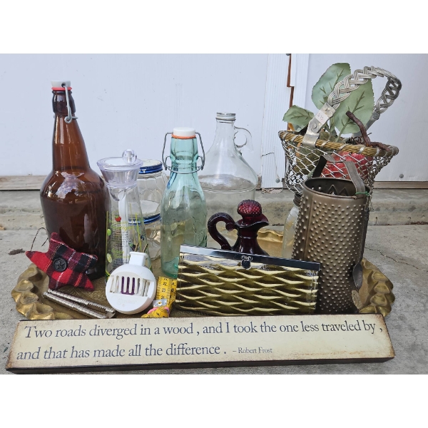 Household Mixed Lot With Vintage Jars, Decorative Sign, Tray