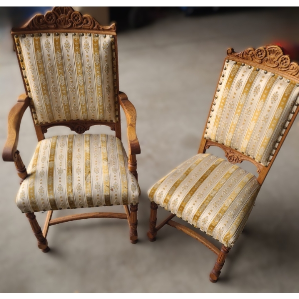 Six Wooden Upholstered Dining Chairs- 2X Arm 23 W, 19 D, 42.5 T and 4X Side 19 W, 18 D, 41.5 T