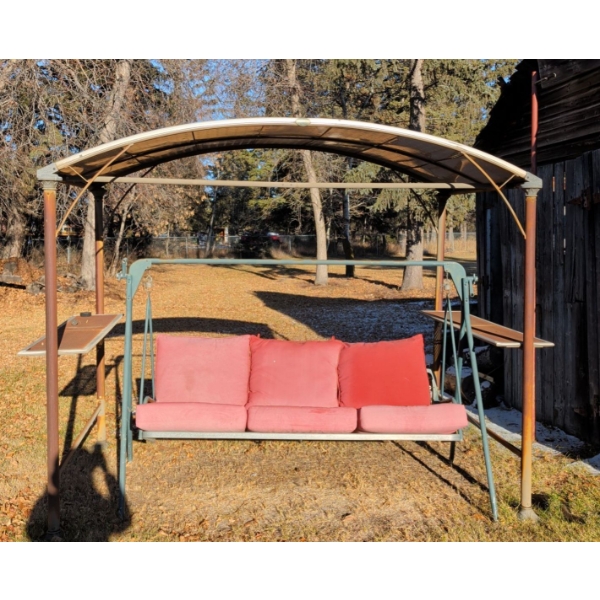 Upholstered 3 Seat Garden Swing w/ Covered Shelter