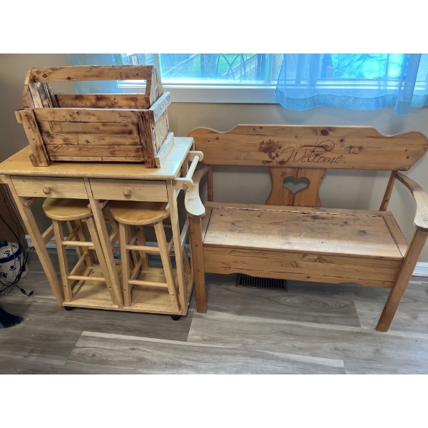  Rolling table cart with two stools, handmade wooden magazine stand, and a solid wood welcome bench 