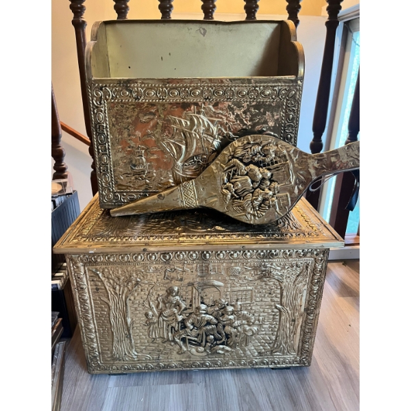 ornate brass wood box, paper box and blower