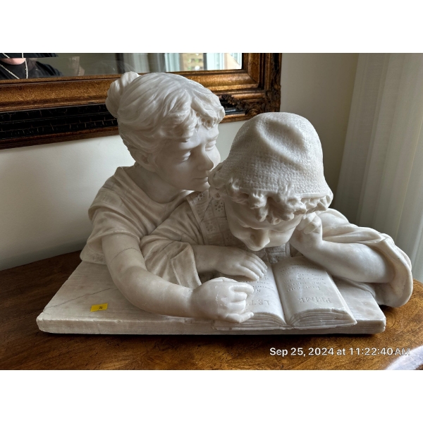 Marble Sculpture 21 x 14 x 14H Large Repaired Crack - Children Studying Prime Numbers