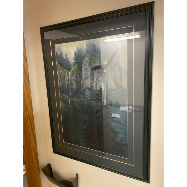 Framed Woodland Scene with Bald Eagle Print in Green and Gold-Accented Frame